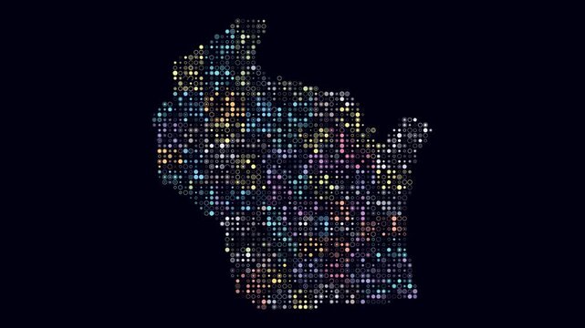 Wisconsin animated shape. Pulsating colored dots on the map of the state. Small size circle blocks. Digital style Wisconsin map on dark background. Creative animation video.