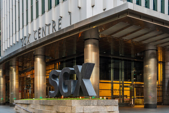 Singapore - April 3 2020: Exterior view of the Singapore Exchange (SGX) headquarters building with prominent logo sign
