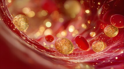 Microscopic view depicts yellow fatty particles mixed with red blood cells flowing through a vessel