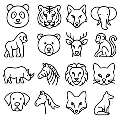 Naklejka premium Diverse Wildlife Icon Collection: A meticulously curated collection of wildlife animal icons. Each icon meticulously crafted with clean lines, representing a range of species from panda to wolf.