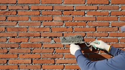 A bricklayer meticulously working on a red brick wall