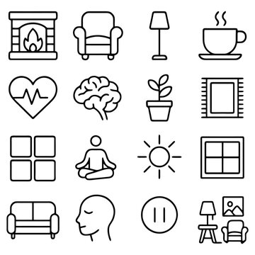 Cozy Icons of Comfort and Relaxation: A delightful collection of minimalist icons, encompassing the essence of a tranquil living space, perfect for evoking a sense of calm and well-being.