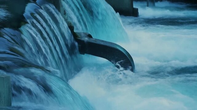 Industrial Effluent: A dynamic shot showcasing the forceful expulsion of water from a industrial outlet, creating a compelling visual of raw power, movement, and a potential environmental impact.