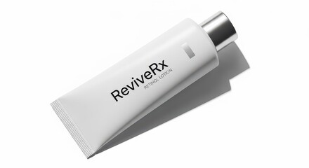 Minimalist white cosmetic tube packaging rests on a stark white background with a subtle shadow.