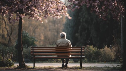 Elderly person sits alone on a wooden park bench beneath blooming spring foliage