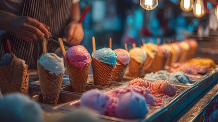 Vendor prepares colorful frozen desserts in waffle cones at a nighttime outdoor stand