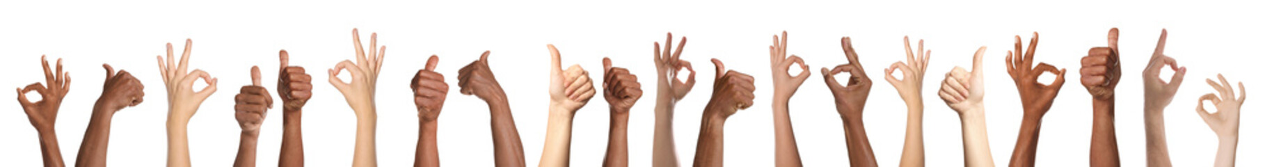 Fototapeta premium People showing thumbs-up and ok gestures on white background, closeup of hands. Collection