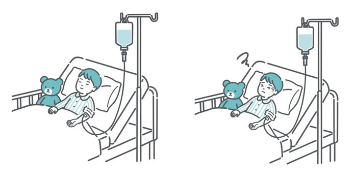 点滴を受ける男の子の比較イラスト（安静 vs 副作用・体調不良）