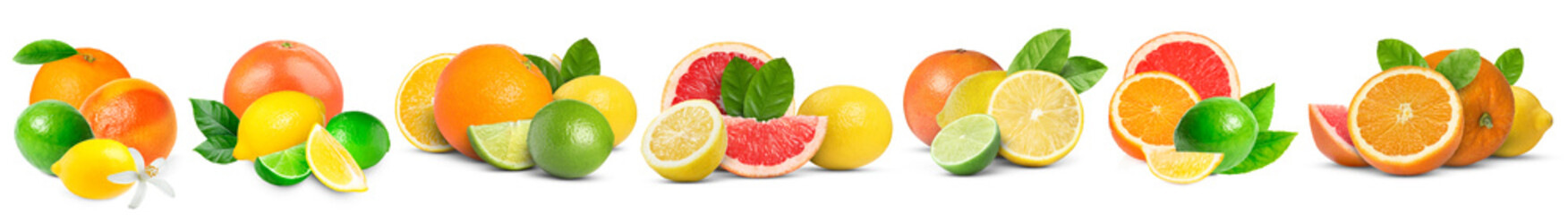 Set of various citrus fruits isolated on white