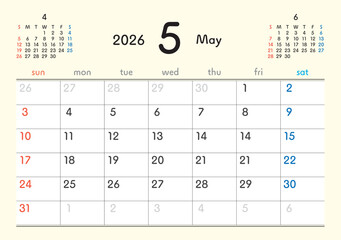 2026年カレンダー5月