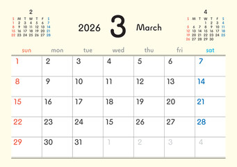 2026年カレンダー3月