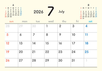 2026年カレンダー7月