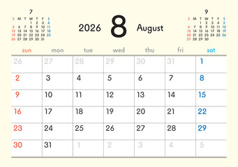 2026年カレンダー8月