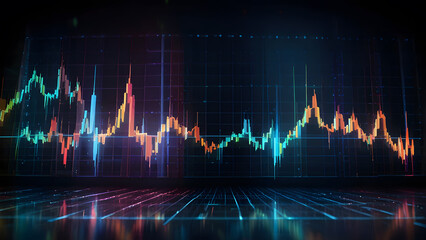 Dynamic futuristic 3D candlestick chart displaying financial market volatility on a dark digital screen. Technology concept