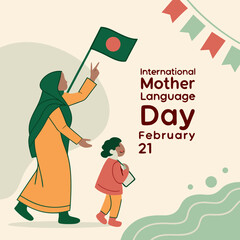 cartoon illustration of A mother takes her child on a morning walk on February 21st.