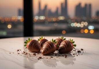 Gourmet chocolate covered strawberries arranged on a table with city lights in the background