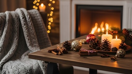 Cozy Rustic Christmas Background With Warm Fireplace Glow, Natural Wood Textures, Handmade Decor, Hygge Winter Ambience