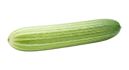 A fresh, elongated green cucumber, commonly used in culinary preparations and healthy recipes, isolated on transparent background