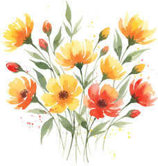 A delicate watercolor illustration of warm-toned flowers, featuring soft washes of yellow, orange, and red blossoms with green foliage