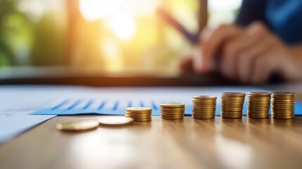 Financial Growth and Planning: A close-up view unveils a meticulous individual meticulously planning financial growth, with stacks of coins representing accumulating wealth and prosperity.