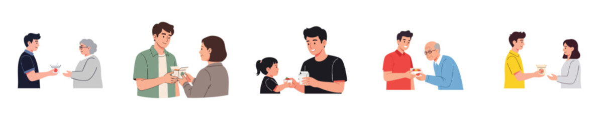 Charity Donation Flat Vector People Sharing Food And Drink Illustration