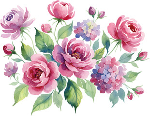 A beautiful cluster of watercolor blooms in various shades of pink and deep red, accented by delicate green foliage and swirls