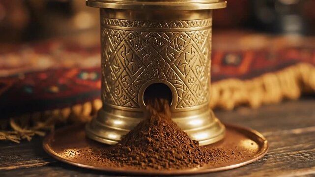 Close-up of an antique ornate brass coffee grinder in use, with ground coffee spilling onto a copper tray, warm lantern light illuminating