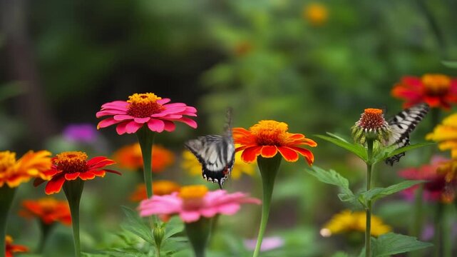 Two butterflies gracefully resting on vibrant zinnia flowers in a lush garden, showcasing nature's beauty.