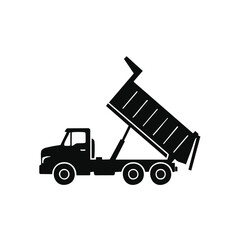 Black silhouette icon of a dump truck with raised bed for unloading.