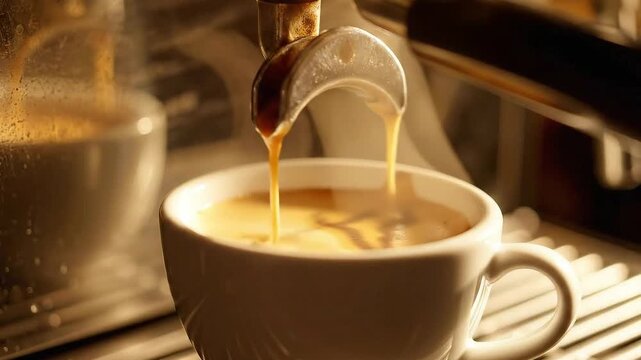Espresso machine pouring rich golden crema into a white ceramic cup filling with fresh hot coffee beverage warm golden lighting steam rising from the