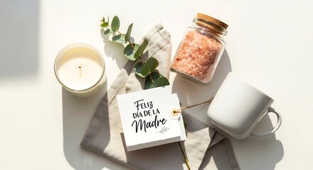 Spa Self-Care Kit Flat-Lay with "Feliz D&iacute;a de la Madre" Tag &mdash; Lifestyle Mockup