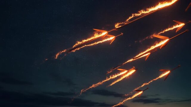 Flaming arrows with fiery trails soar across a dark evening sky.
