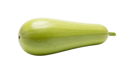 A vibrant, fresh light green bottle gourd, also known as calabash or opo squash, presented horizontally and isolated on transparent background