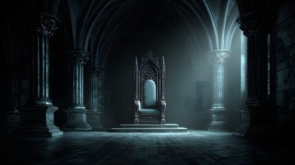 Ornate royal seat occupies the center of a dark, vaulted hall illuminated by atmospheric light shafts