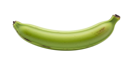 A single green banana, unripe and fresh, photographed horizontally and isolated on a transparent background, highlighting its natural texture