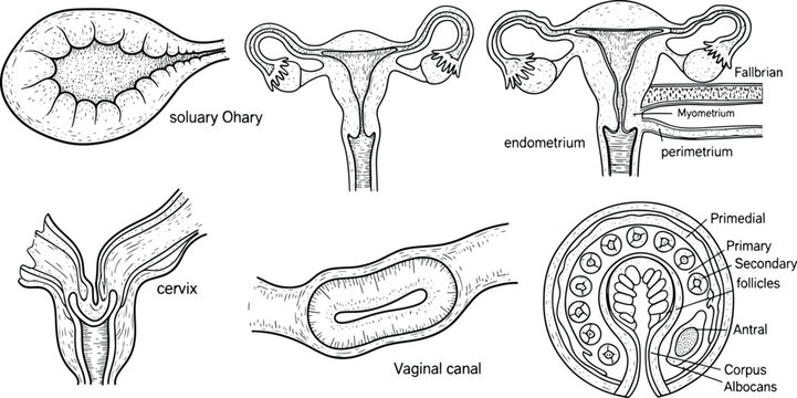 Female reproductive system anatomy illustrations with uterus, ovaries, cervix and follicles