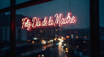 Neon "Feliz D&iacute;a de la Madre" Reflection on Rainy Window &mdash; Moody Urban Romance