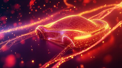 Fototapeta premium Neon illuminated futuristic car design with energy streams and particles