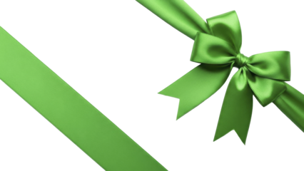 Green satin festive gift bow and ribbon for Valentine's Day, on a transparent background, PNG image, PNG file.
