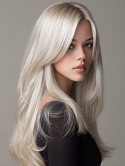 Light ash blonde hair cascading smoothly with glossy, healthy shine, detailed texture visible in a premium studio beauty portrait 