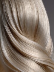 Light ash blonde hair cascading smoothly with glossy, healthy shine, detailed texture visible in a premium studio beauty portrait 