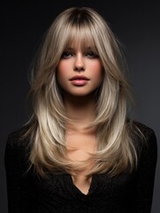 Long ash blonde hairstyle with a natural fall over the shoulders, glowing texture and luminous shine, captured in high-definition 