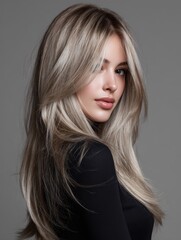 Long ash blonde hairstyle with a natural fall over the shoulders, glowing texture and luminous shine, captured in high-definition 
