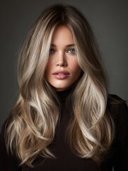 Long ash blonde hairstyle with a natural fall over the shoulders, glowing texture and luminous shine, captured in high-definition 