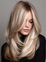 Long ash blonde hairstyle with a natural fall over the shoulders, glowing texture and luminous shine, captured in high-definition 