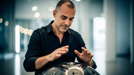 Man playing a handpan. Musician performing a percussion instrument. Music therapy and relaxation concept for an article or blog.