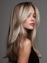 Portrait of long ash blonde hair flowing over the shoulders, soft texture illuminated with subtle highlights for a premium salon aesthetic 