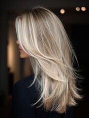 Portrait of long ash blonde hair flowing over the shoulders, soft texture illuminated with subtle highlights for a premium salon aesthetic 
