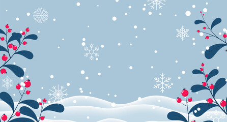 Winter background with branches and berries. Falling snow with snowflakes. Winter snowy background for banner, poster, wallpaper, greeting card, advertising