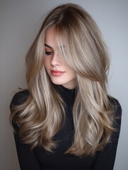 Portrait of long ash blonde hair flowing over the shoulders, soft texture illuminated with subtle highlights for a premium salon aesthetic 